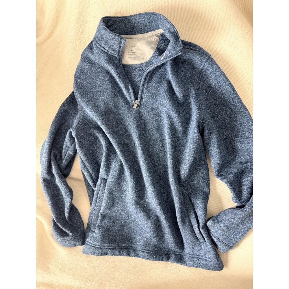 Van Heusen Sweater Fleece Mens M Blue 1/4 Zip Pullover Regular Fit Sherpa